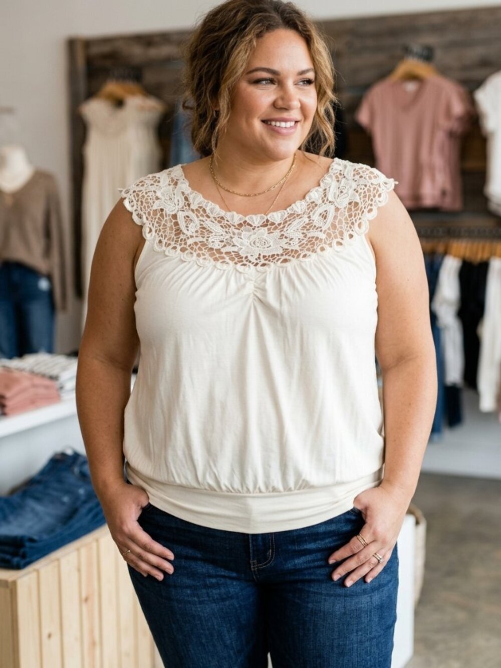 CREAM/OFF White Lace Shoulder Top With Banded Bottom Plus Size 3X
